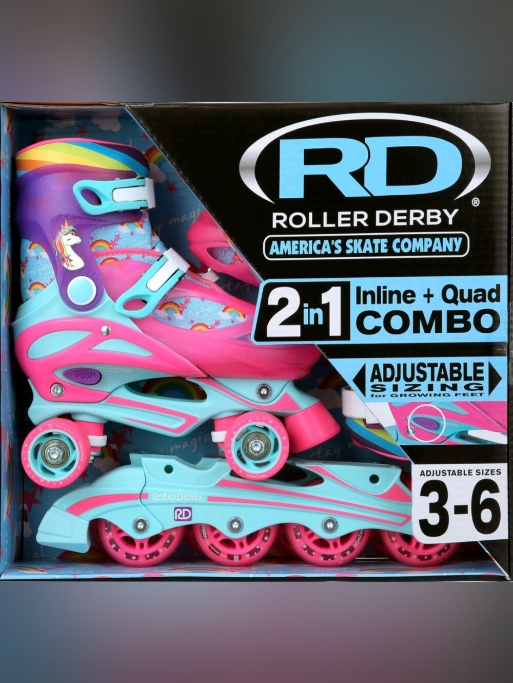 Roller Derby Unicorn 2-in-1 Adjustable Inline and Roller Skates (Size 3-6)